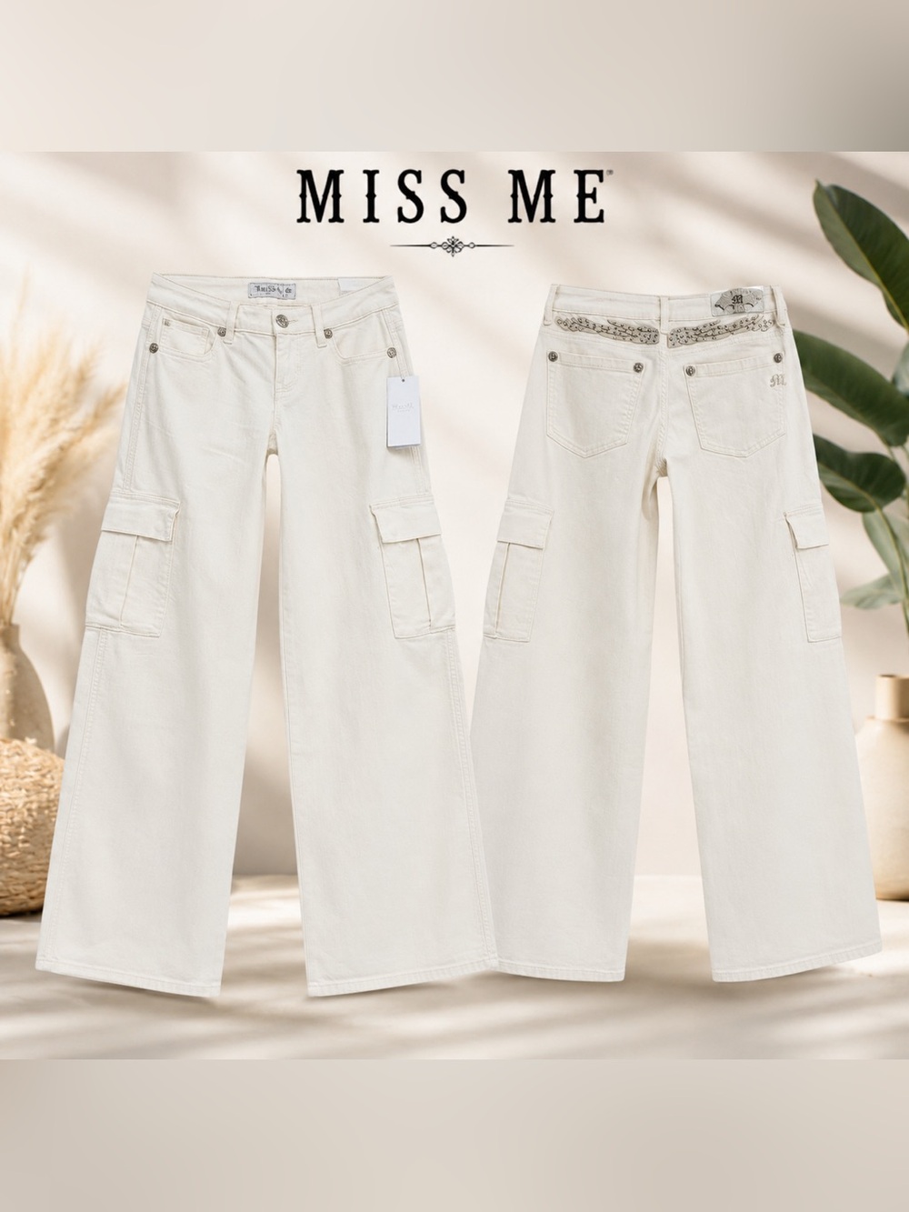 New Miss Me Low-Rise Cargo Wide Leg Jeans - Off White / Cream (Size 26x32) ✨🎀